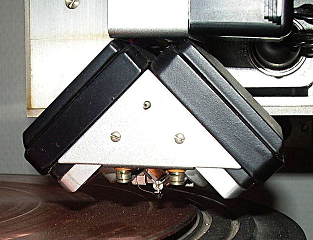 Closeup view of the cutting head of a Neumann Record Cutting Machine